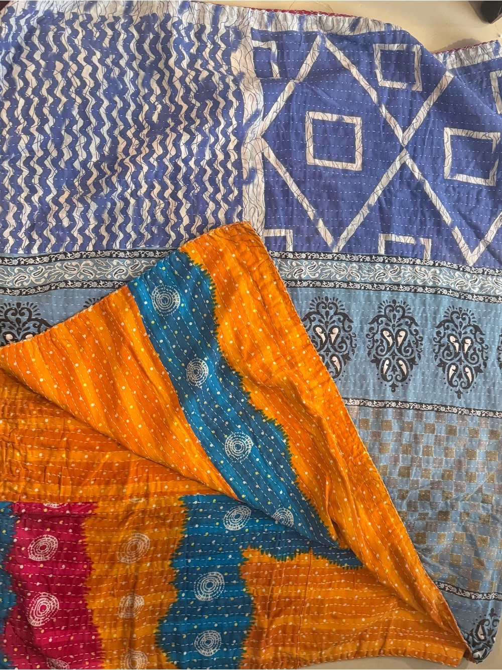 Kantha Throw Blanket - Multicolor (Orange, Blue, Pink, Purple) Vintage